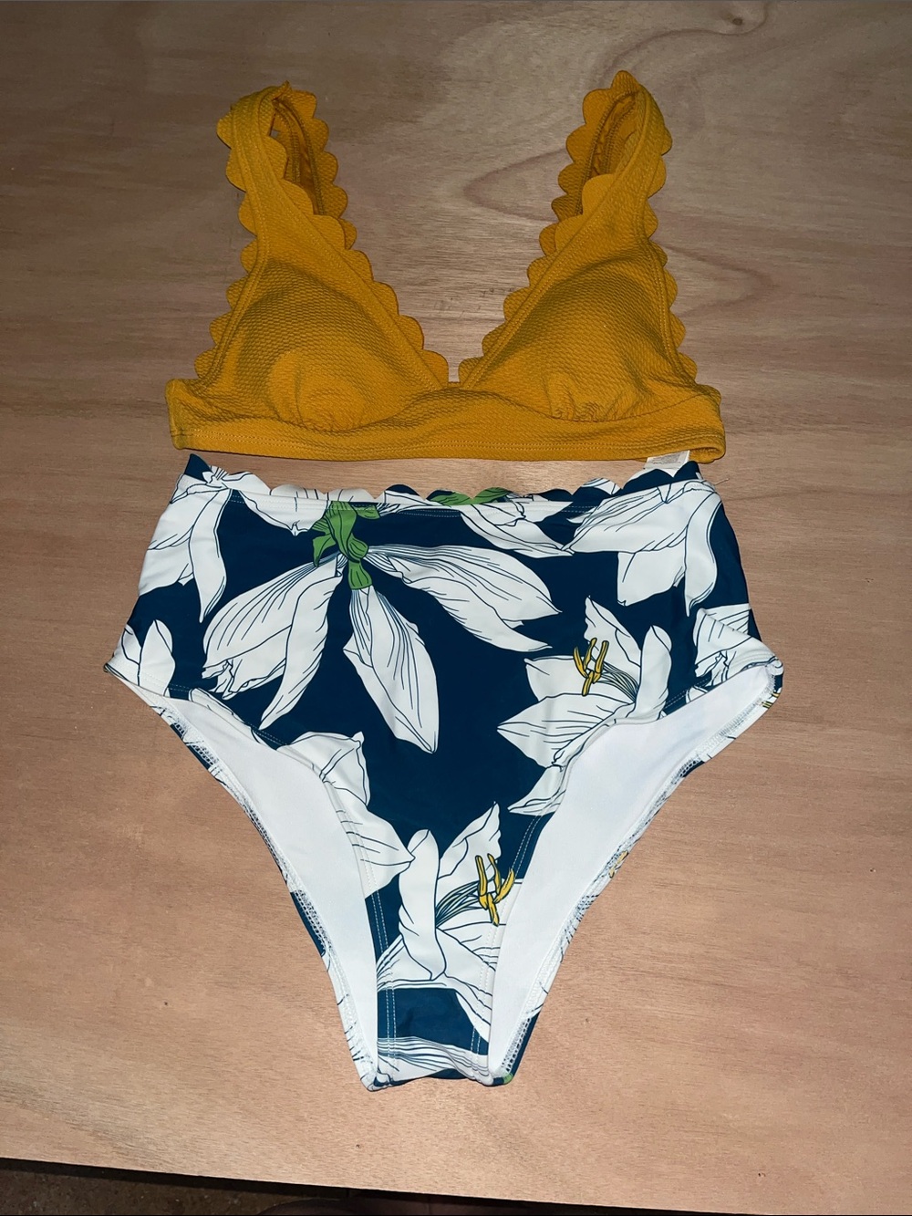 Mustard Scallop Bralette with Navy Floral High-Waist Bikini Bottoms